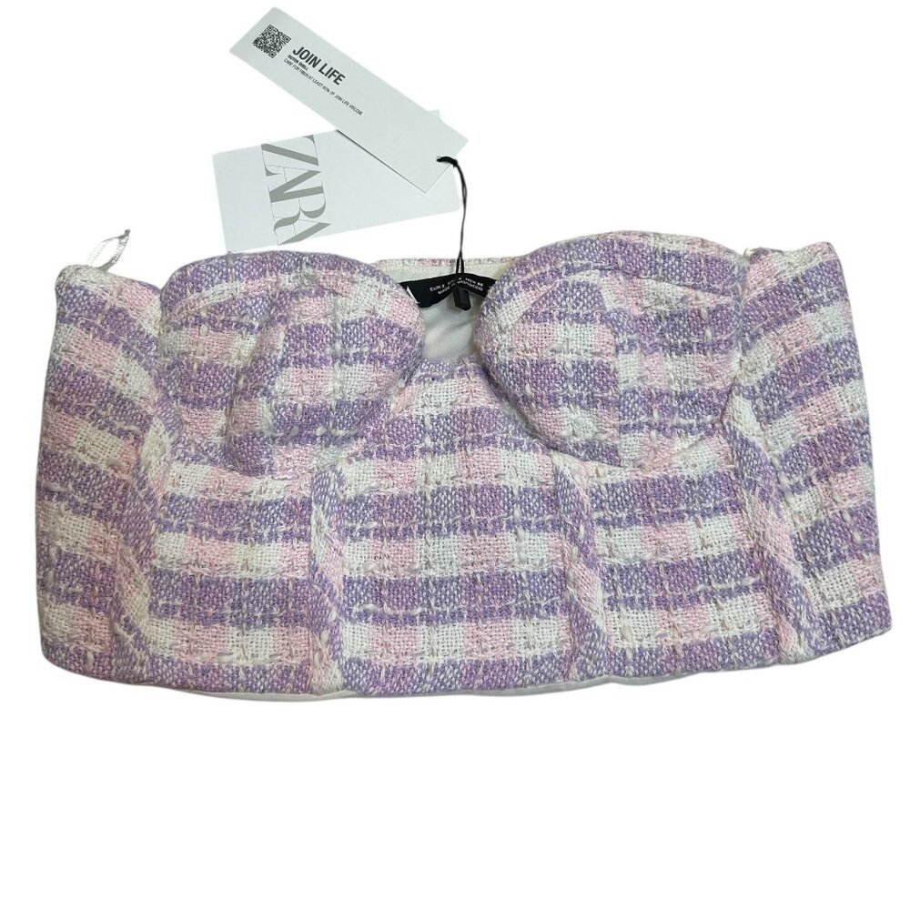 NWT ZARA Tweed Boucle Bustier Corset Sweetheart Tube Crop Top Small Pink Purple